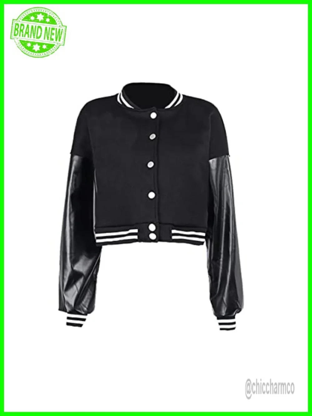 Women Color Block Crop Fleece Baseball Jacket Button Down Bomber Coat